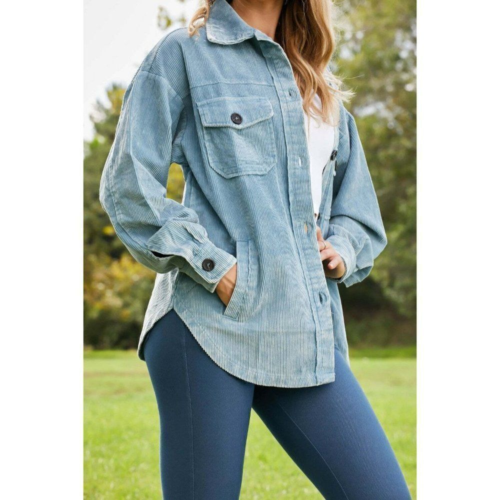 Zenana Corn Maze Vintage Washed Corduroy Shacket Blue Grey New S-XL QJW-1107D4